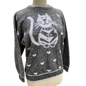 Vintage Nan Dorsey Cat Sweater Cat Lady Animal Print Heart Kitty Wacky Kawaii-M